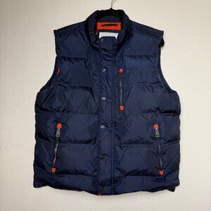 Orvis Essex Down Puffer Vest Navy Blue with Orange Lining Sz L